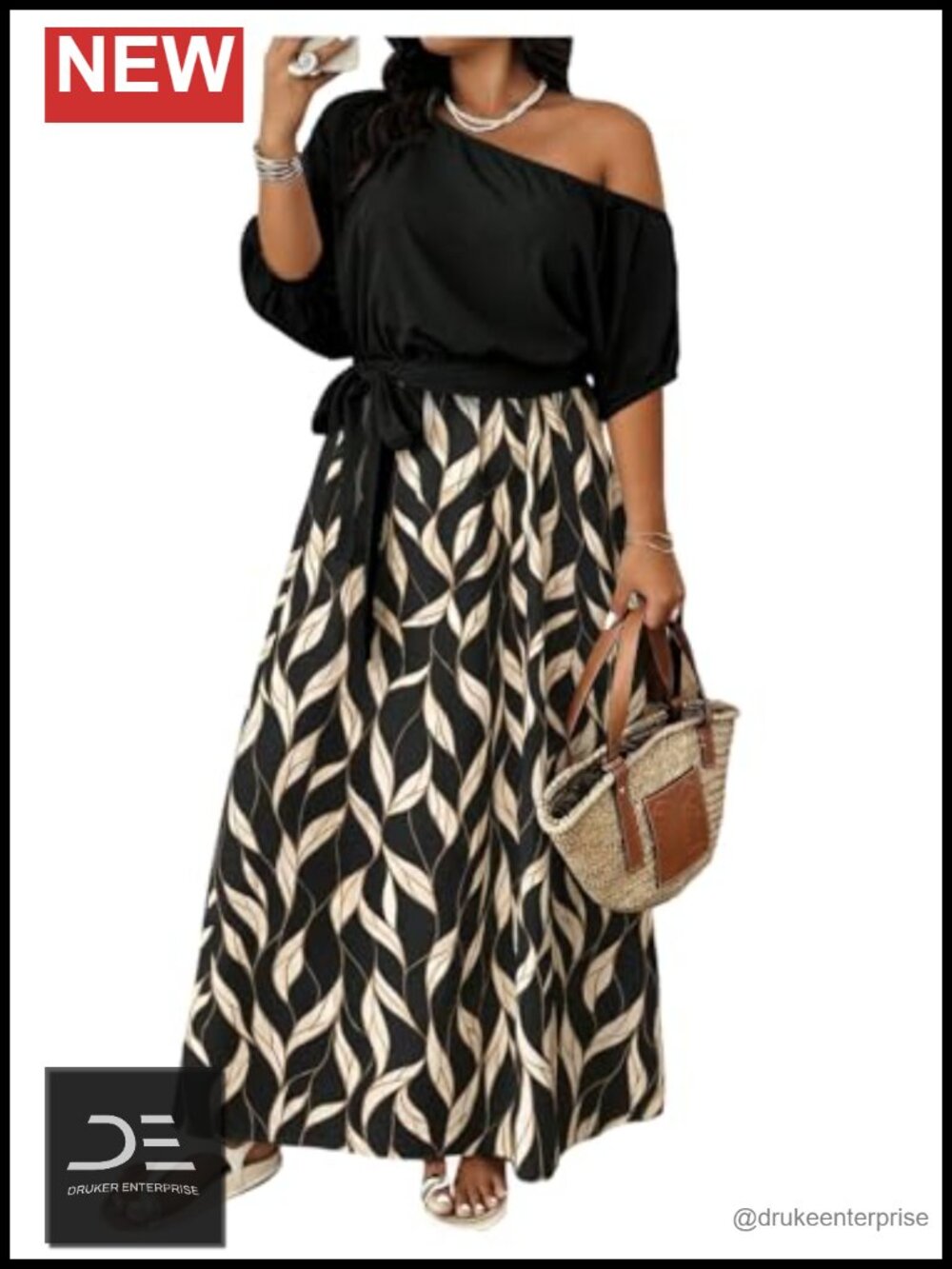 Plus Size Tropical Print Off Shoulder 3/4 Sleeve Flowy A-Line Maxi Dress